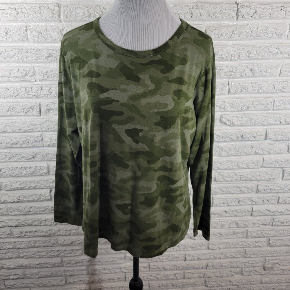 Ana Womens Top XXL 2XL Plus Tee Long Sleeve Green Camouflage Cotton Blend CAM2E